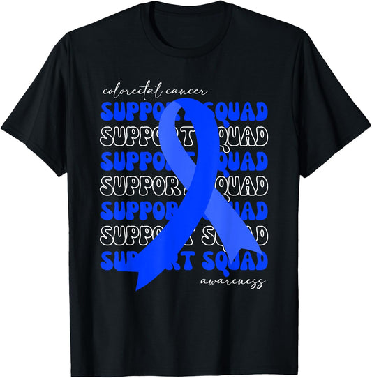 Support Squad Colorectal Cancer Awareness Blue Ribbon Hope T-Shirt - T-Shirt | Black