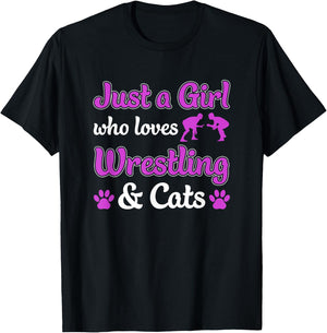 Just a Girl Who Loves Wrestling and Cats Women Funny Wrestle T-Shirt - T-Shirt | Black