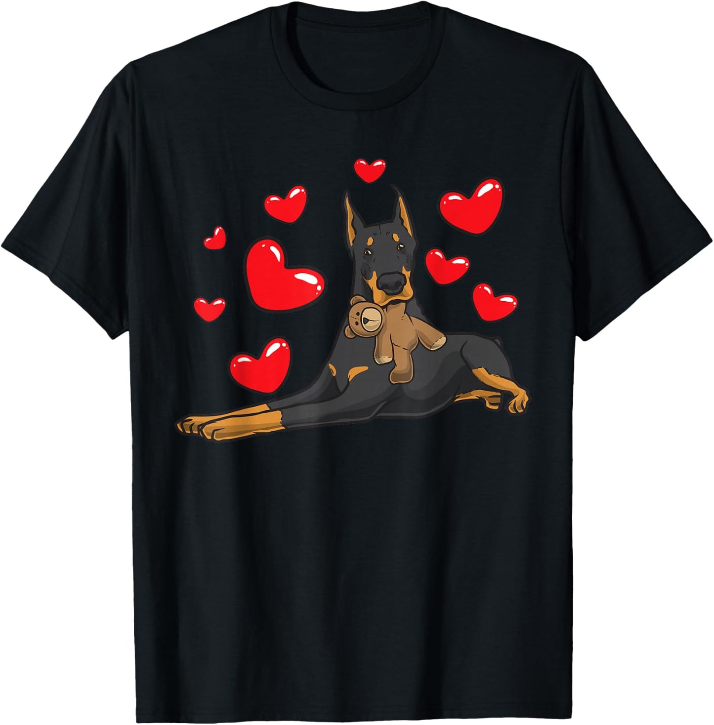Doberman Dog with Plush Toy T-Shirt - T-Shirt | Black
