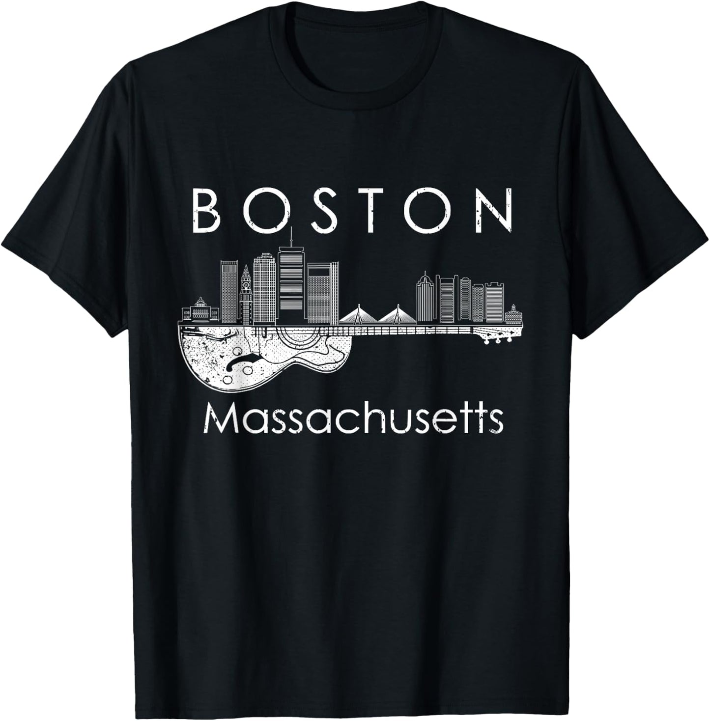 Boston Souvenir Men Massachusetts Skyline Music Guitar T-Shirt - T-Shirt | Black