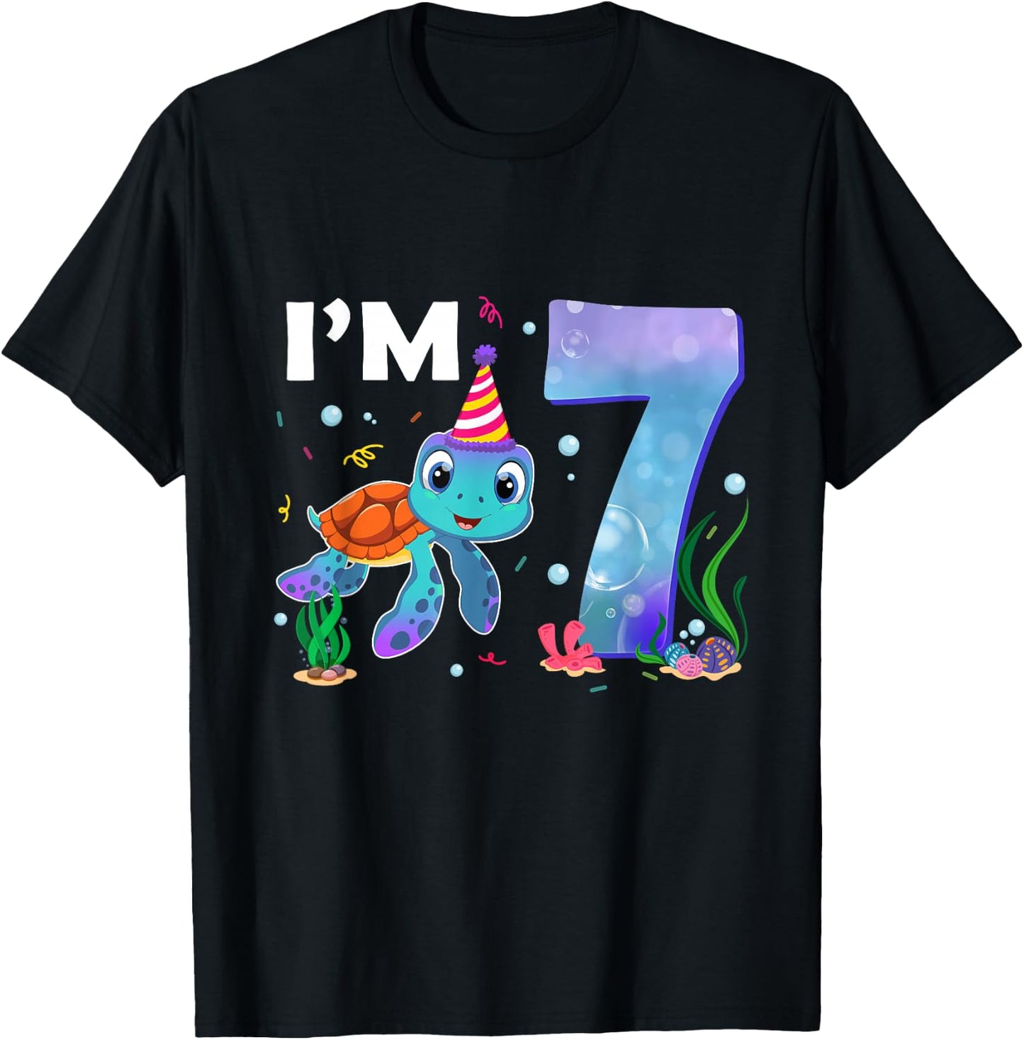 Sea Turtle Birthday I'm 7 Ocean Theme 7th Birthday Girl T-Shirt - T-Shirt | Black
