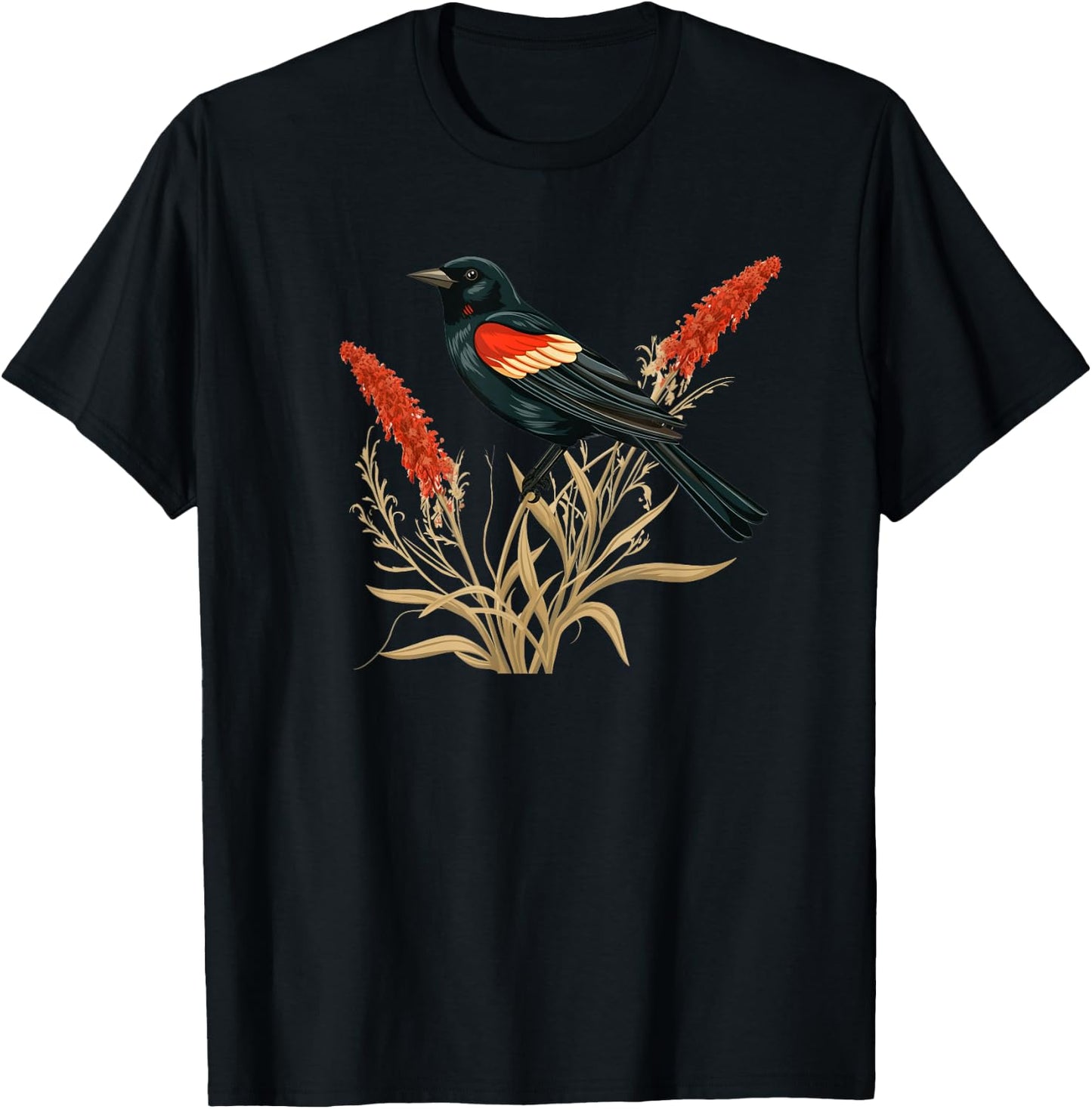 Floral Red-Winged Blackbird Red Winged Blackbird T-Shirt - T-Shirt | Black