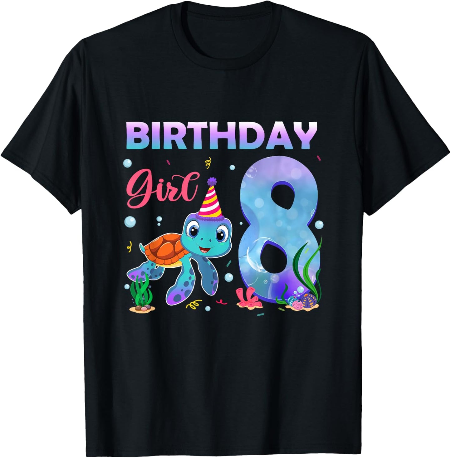 8th Birthday Girl Sea Turtle 8 Year Old Ocean Aquarium Girls T-Shirt - T-Shirt | Black