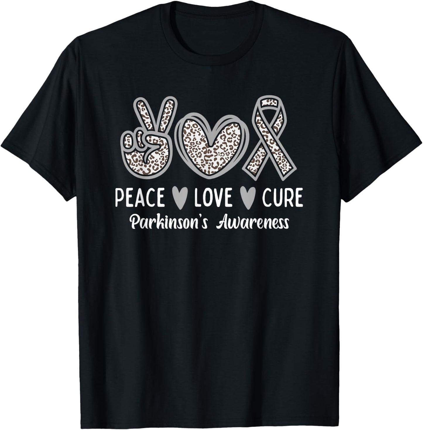 Peace Love Cure Gray Ribbon Leopard Parkinson's Awareness T-Shirt - T-Shirt | Black