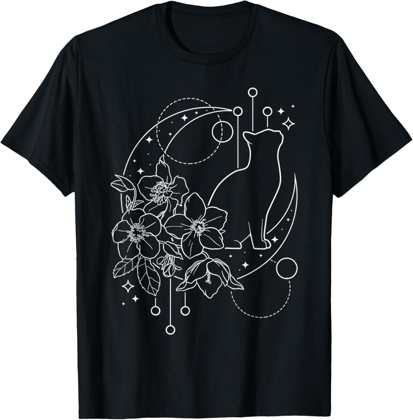 Astrology, Cat with Floral Crescent moon, Dream catcher T-Shirt - T-Shirt | Black