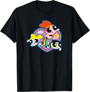 The Powerpuff Girls Group Rainbow Heart Flight T-Shirt - T-Shirt | Black