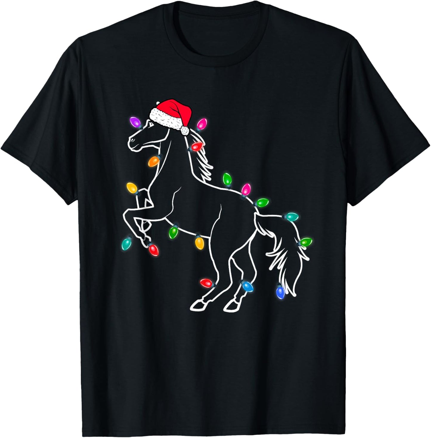 Christmas Horse Christmas Lights Cute for Families, Men, Women, Kids - Black, Short Sleeve, Regular Fit, Small T-Shirt - T-Shirt | Black