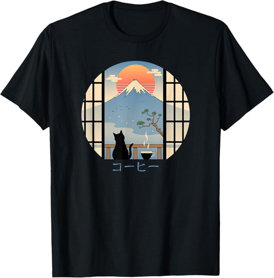 Coffee Cat in Mt. Fuji T-Shirt - T-Shirt | Black