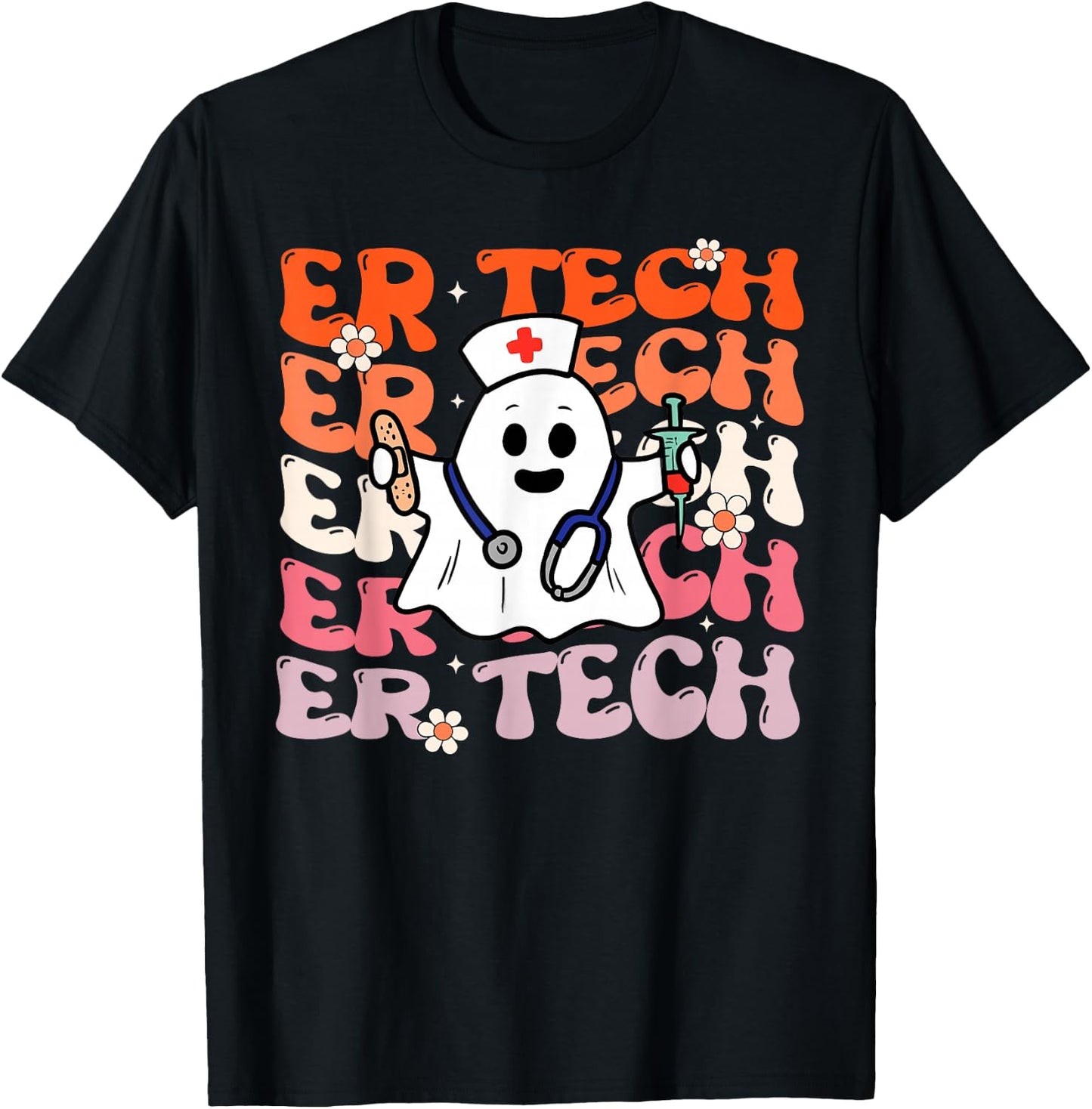 ER Tech Groovy Funny Halloween Ghost Nursing Spooky Costume T-Shirt - T-Shirt | Black