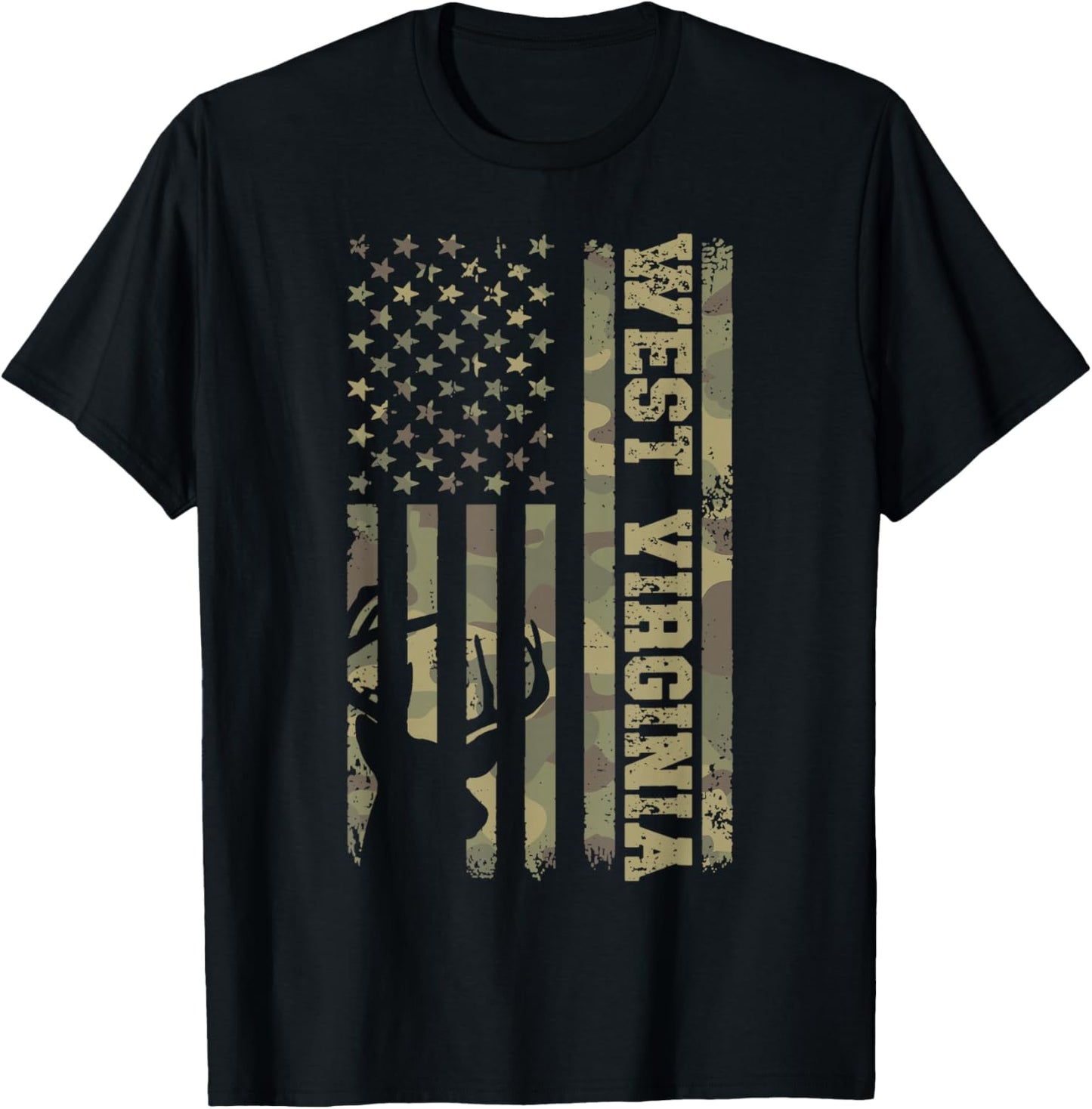 West Virginia Deer Hunter Vintage Deer Hunting Camo USA Flag T-Shirt - T-Shirt | Black