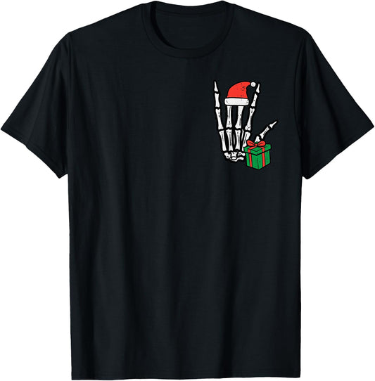 Christmas Rocker Skeleton Hand Pocket Xmas Rock Men Boys Kid T-Shirt - T-Shirt | Black