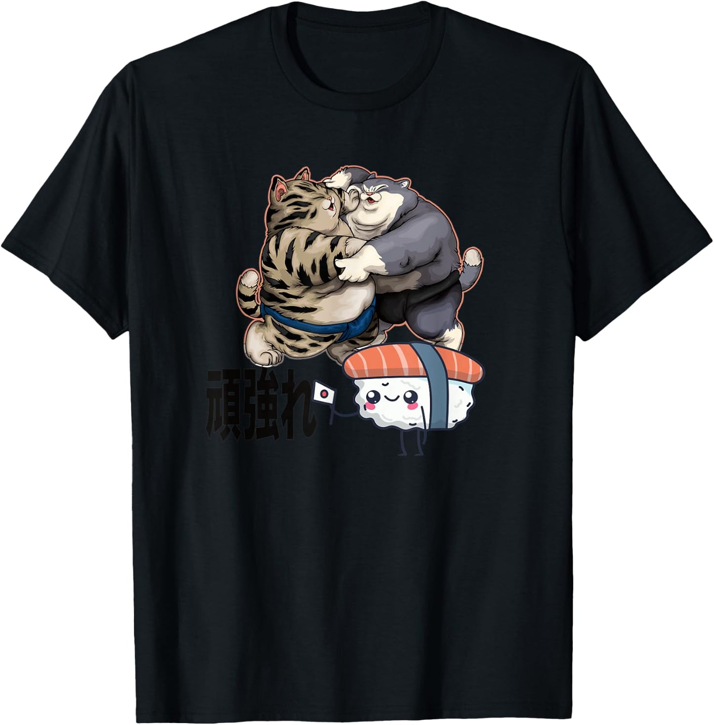 Sumo Cats Fighting for Sushi Japanese T-Shirt - T-Shirt | Black