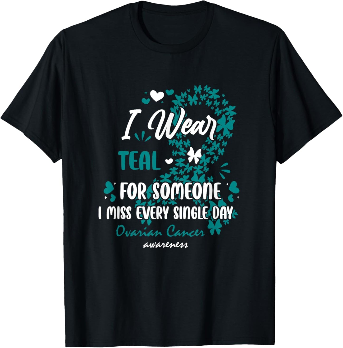 Teal Ovarian Cancer Angel Memory Warrior Support Family T-Shirt - T-Shirt | Black