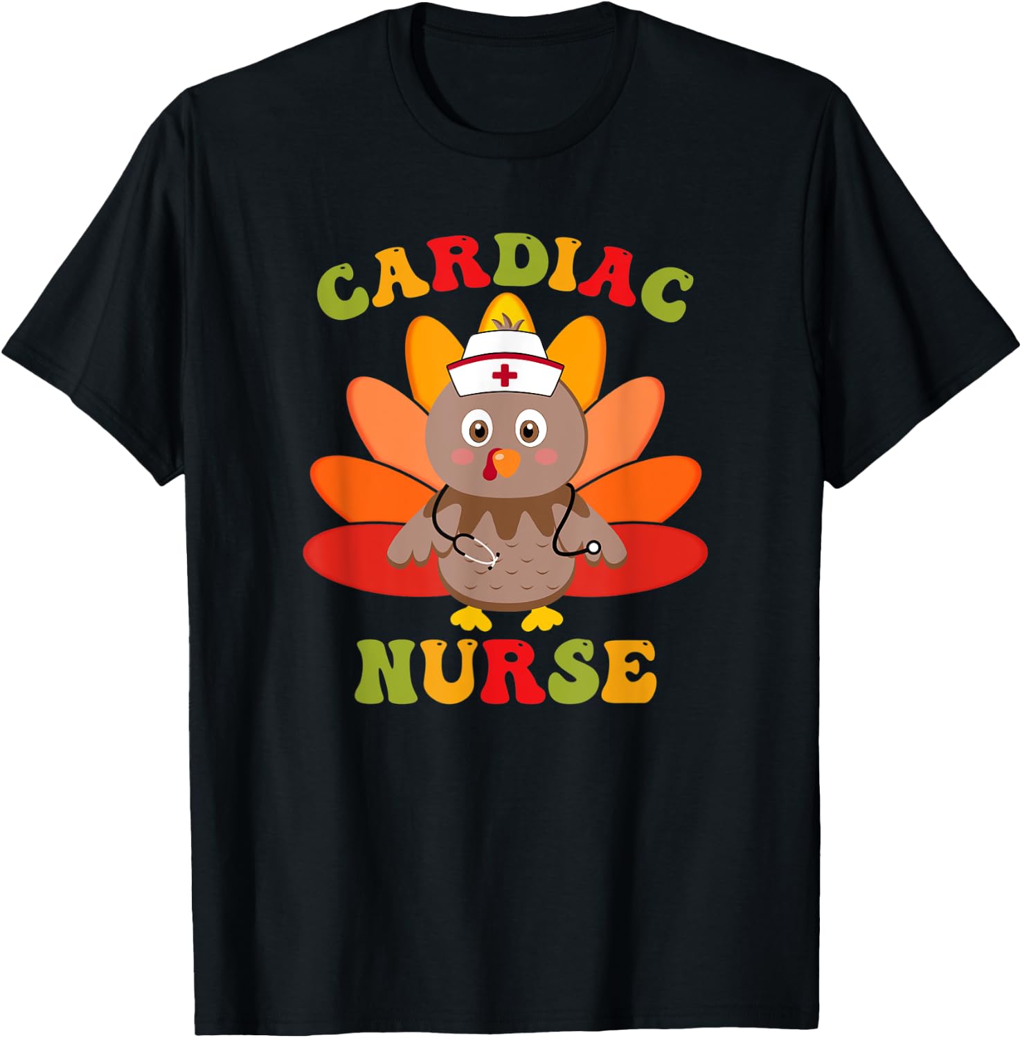 Cardiac Nurse Turkey Stethoscope Thanksgiving Cardiology T-Shirt - T-Shirt | Black