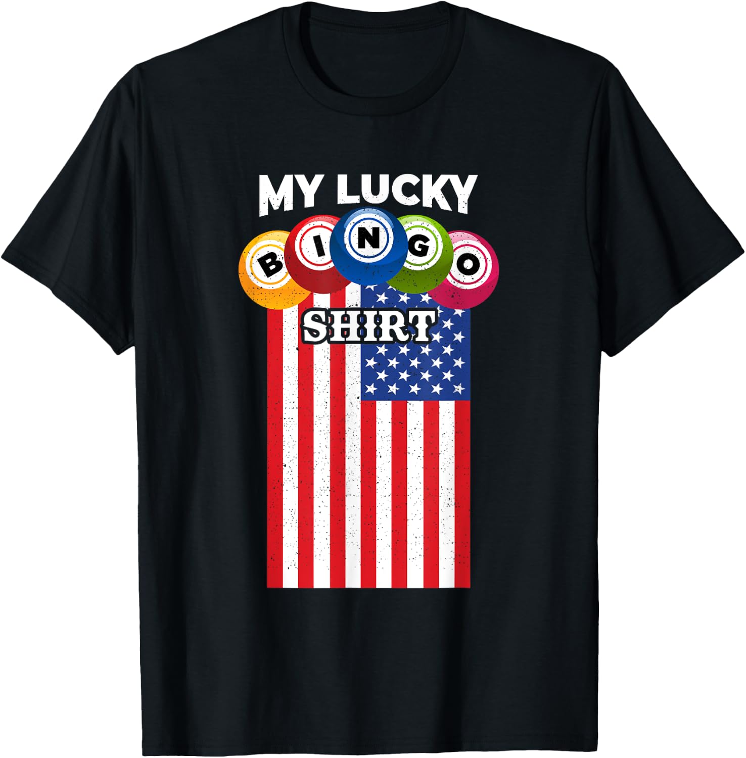 Lucky Bingo With American Flag Funny Bingo Player T-Shirt - T-Shirt | Black