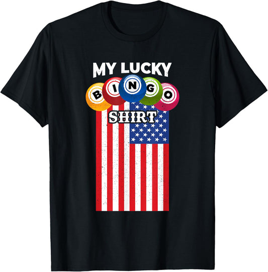 Lucky Bingo With American Flag Funny Bingo Player T-Shirt - T-Shirt | Black