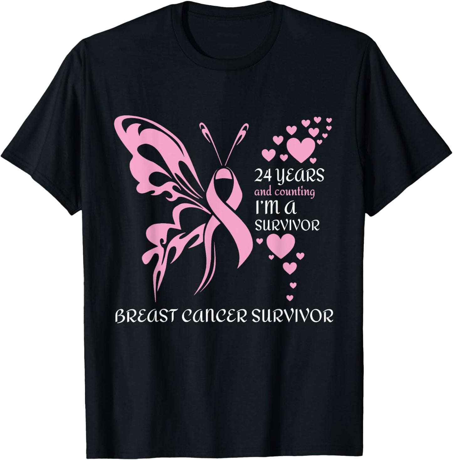 Butterfly 24 Years And Counting I'm A Breast Cancer Survivor T-Shirt - T-Shirt | Black