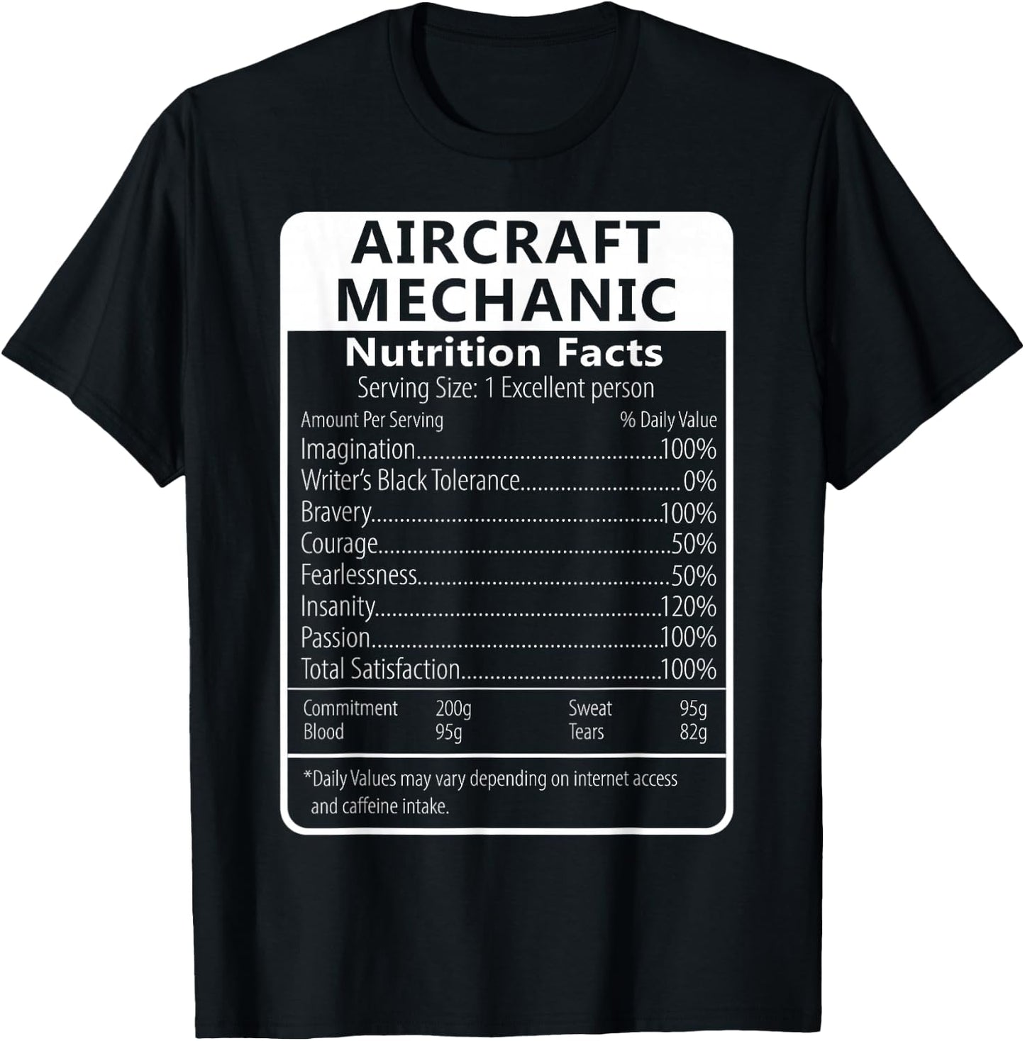 Aircraft Mechanic Nutrition Facts Sarcastic T-Shirt - T-Shirt | Black