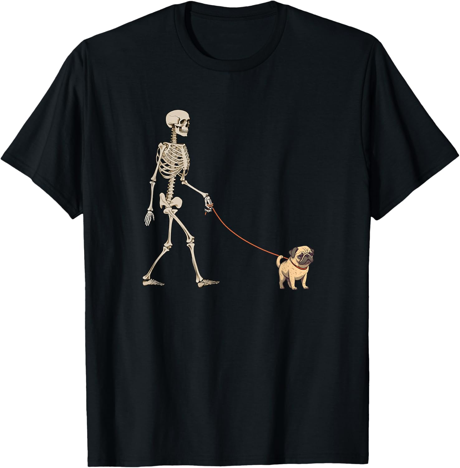 Funny Pug Skeleton Dog Walking Halloween Dog T-Shirt - T-Shirt | Black