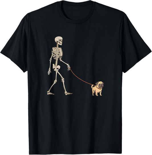 Funny Pug Skeleton Dog Walking Halloween Dog T-Shirt - T-Shirt | Black