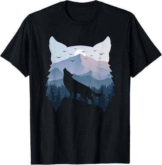 Wolf Landscape Mountain Wildlife Animal Nature Men Women T-Shirt - T-Shirt | Black