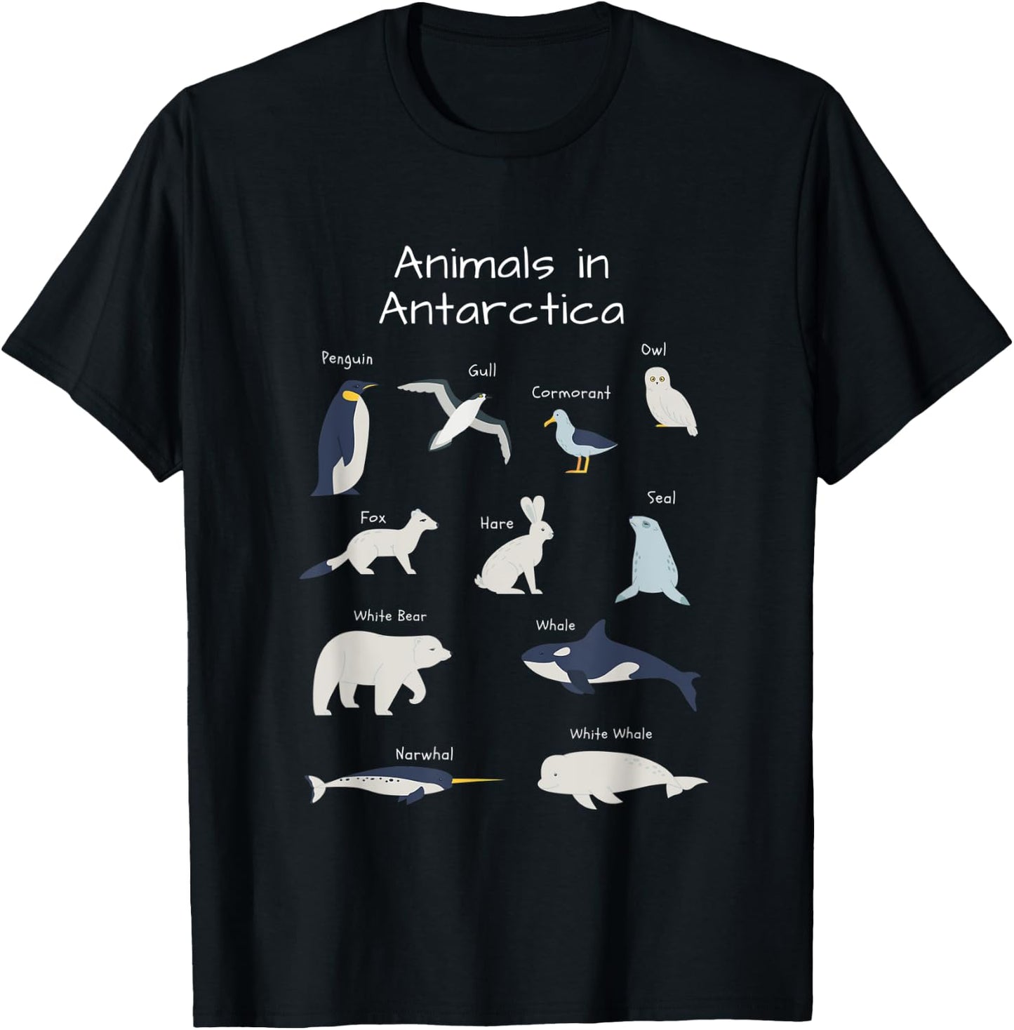 Antarctica Animals Narwhal Bear Penguin Seal Whale Owl Fox T-Shirt - T-Shirt | Black