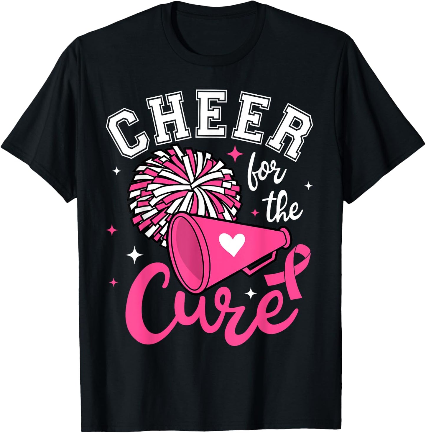 Cheer for the cure Cute Cheerleader Pink Ribbon Pom Pom T-Shirt - T-Shirt | Black