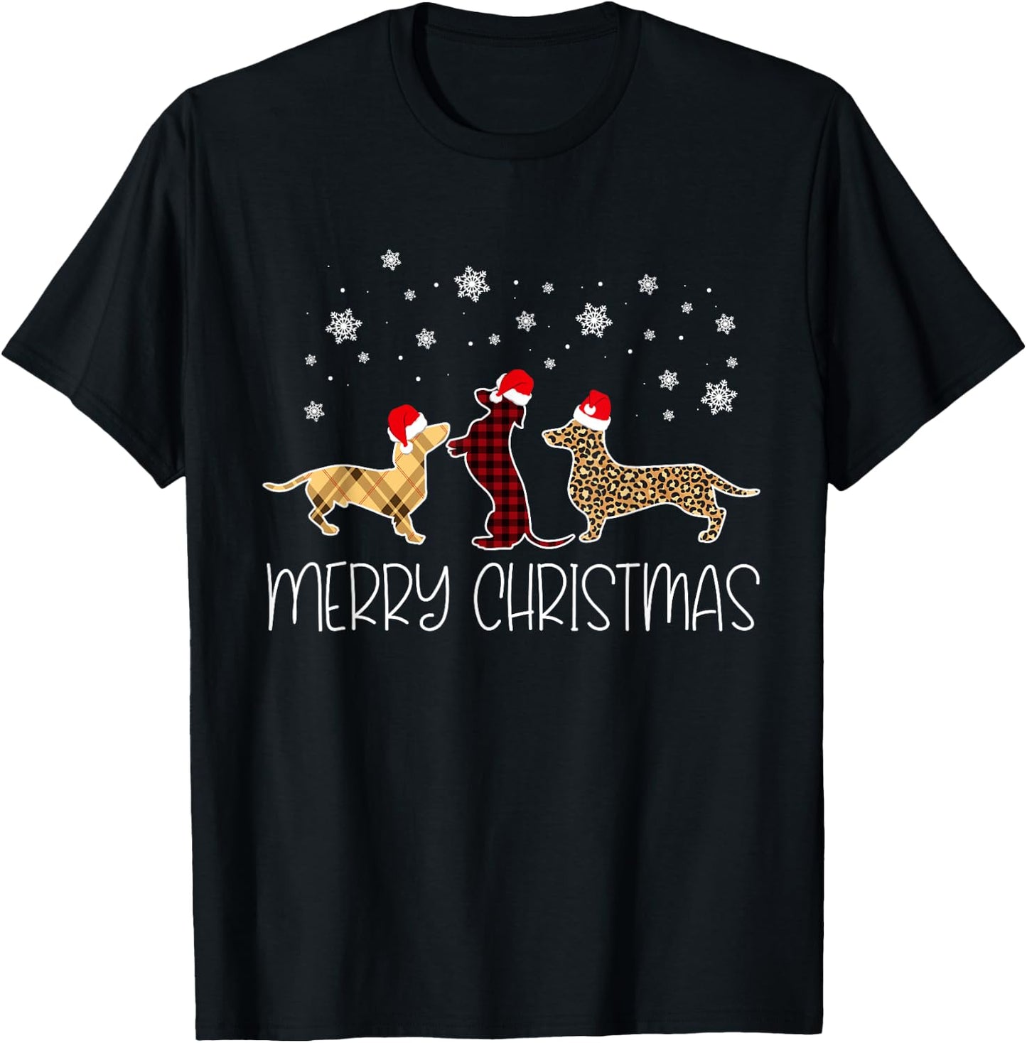 Dachshund Merry Christmas Cute Plaid Leopard Doxie Dog X-Mas Women Kids T-Shirt - T-Shirt | Black