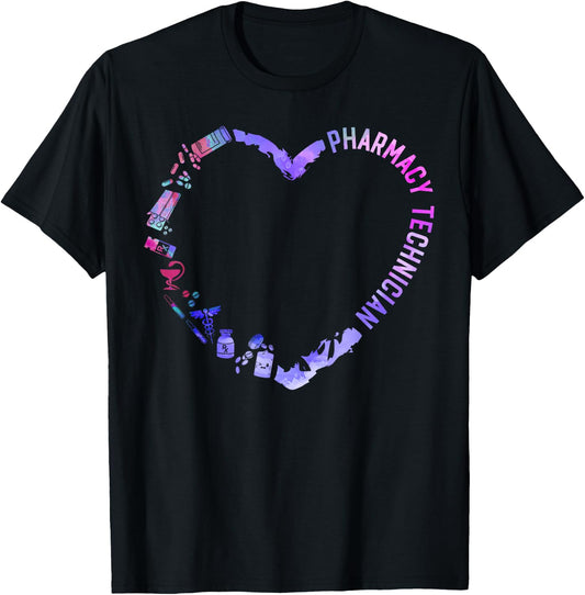 Pharmacy Tech Technician Pharmacist Student Heart Watercolor T-Shirt - T-Shirt | Black