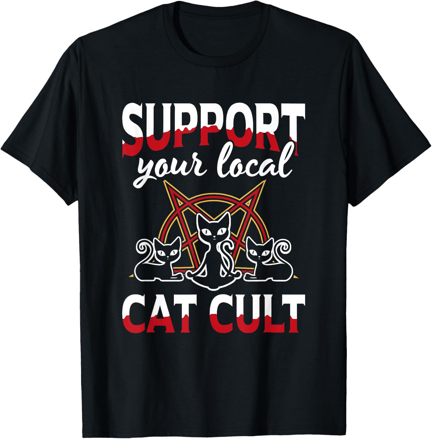 Support Your Local Cat Cult Gothic Baphomet Occult Demon Cat T-Shirt - T-Shirt | Black