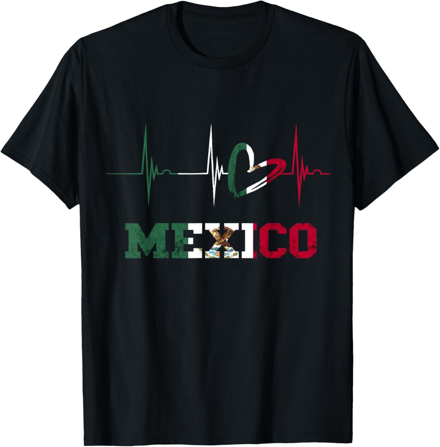 Mexico Heart Heartbeat EKG Pulse Cardiogram Mexico Flag T-Shirt - T-Shirt | Black