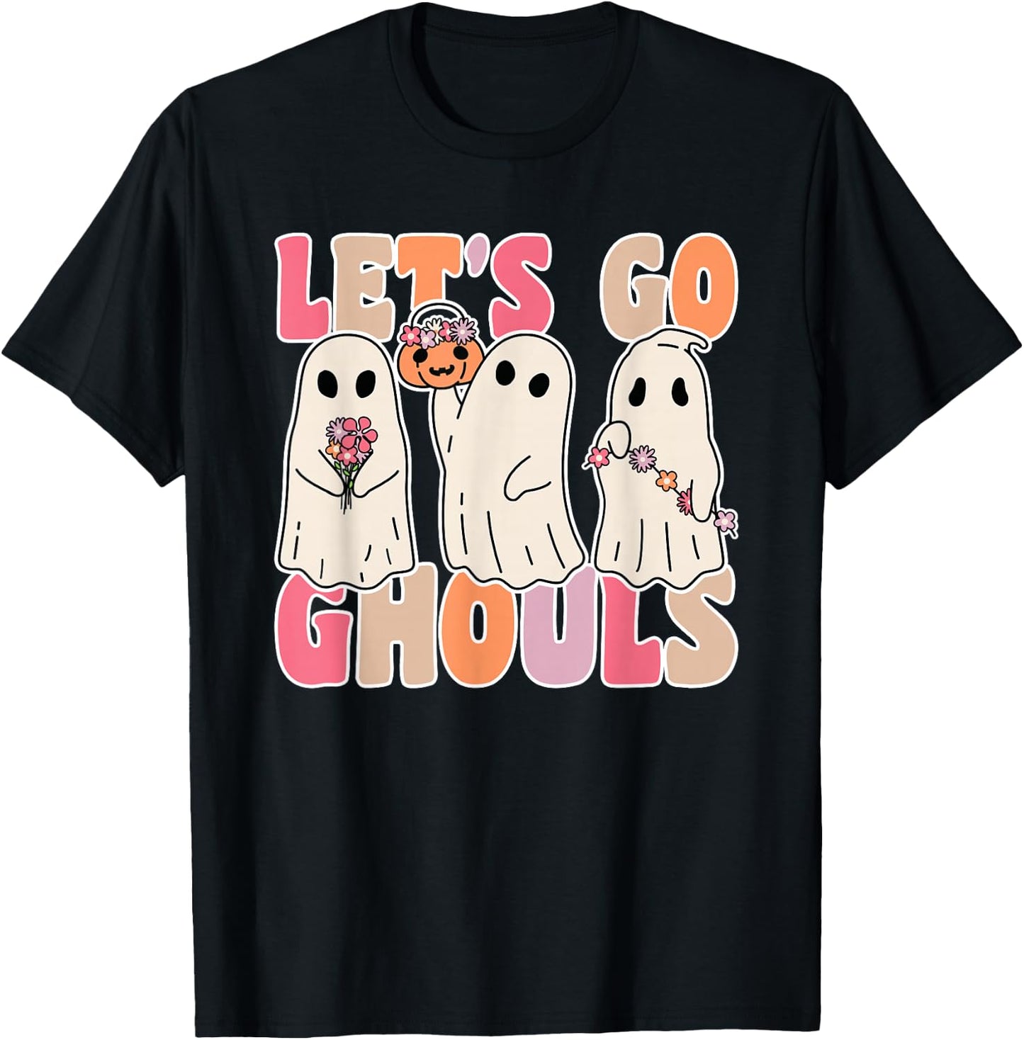Let's Go Ghouls Groovy Ghost With Vintage Flowers Halloween T-Shirt - T-Shirt | Black