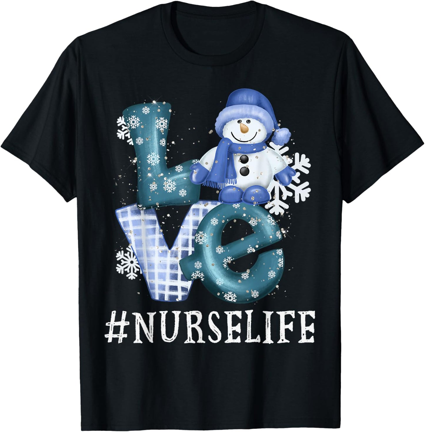Nurse Love Snowman Xmas Funny Women Winter Season Christmas T-Shirt - T-Shirt | Black