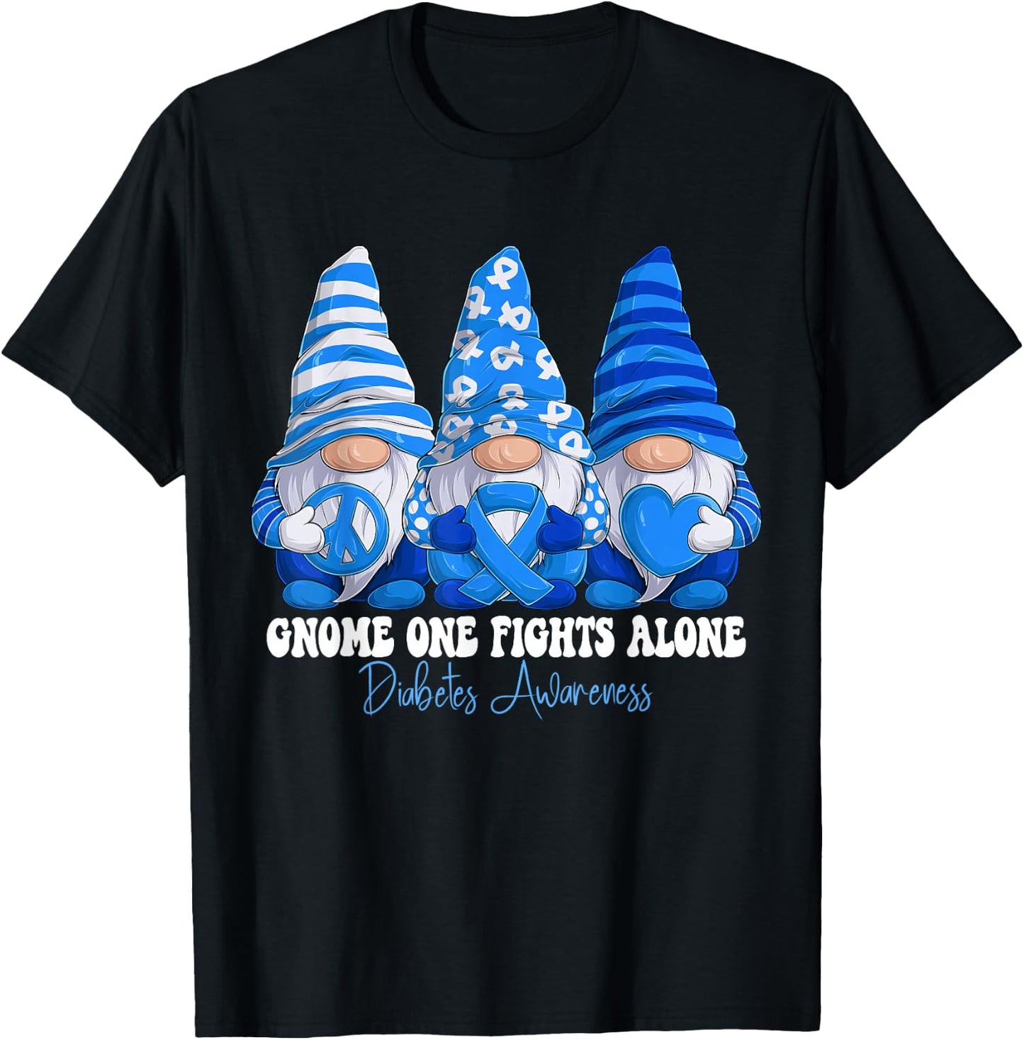 Diabetes Awareness Month Blue Ribbon Gnomies Support T-Shirt - T-Shirt | Black