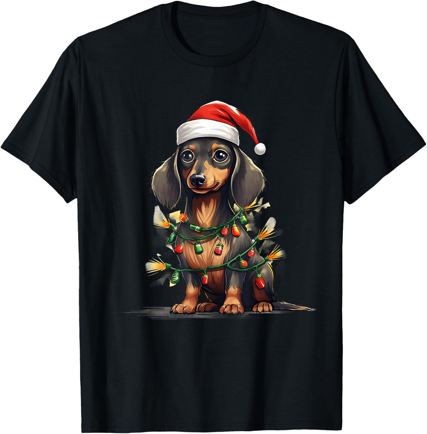 Merry Christmas Dachshund Santa Hat Lights Xmas Men Women T-Shirt - T-Shirt | Black
