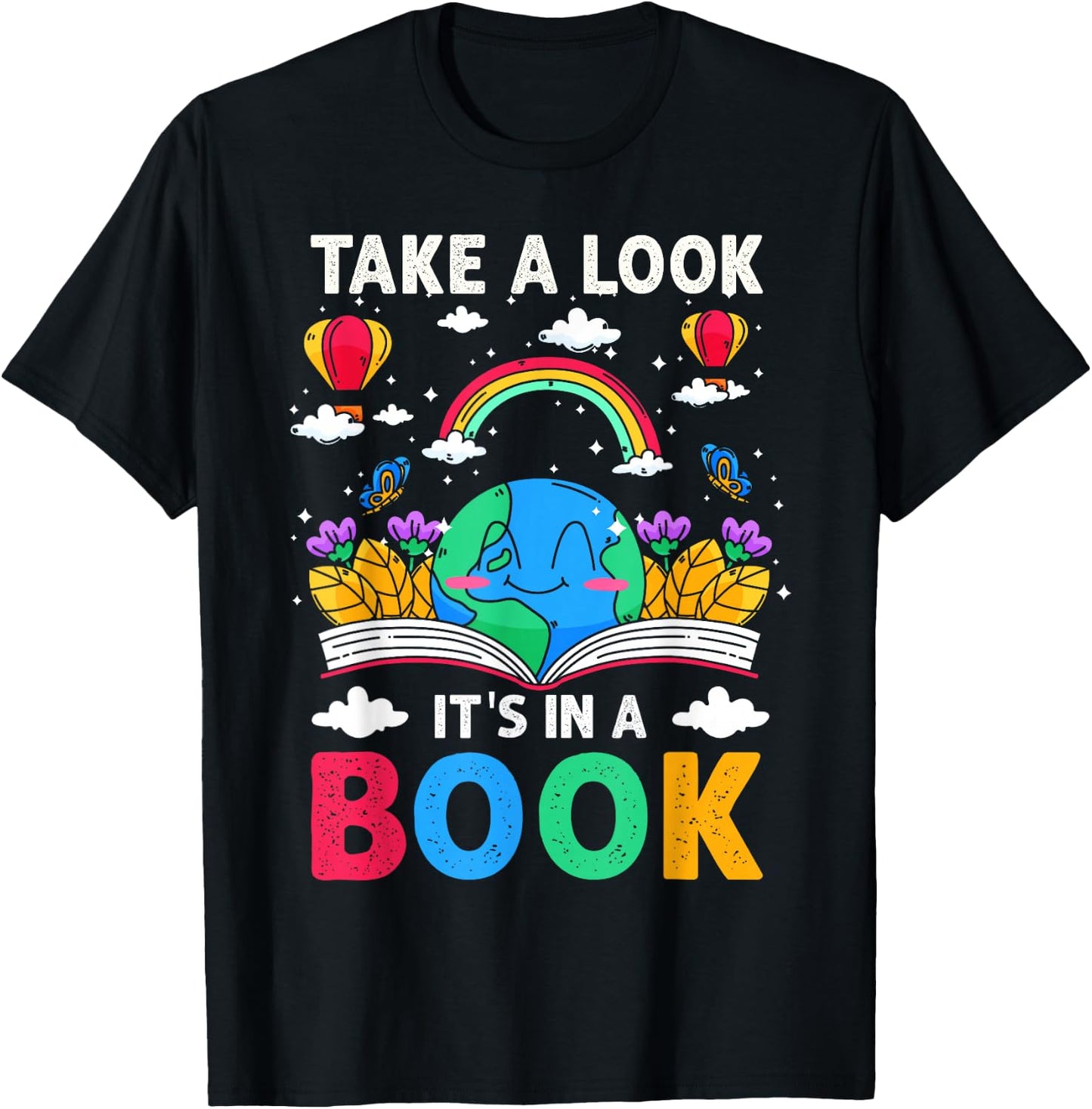 Take A Look It's in A Book Reading Vintage Retro Rainbow T-Shirt - T-Shirt | Black