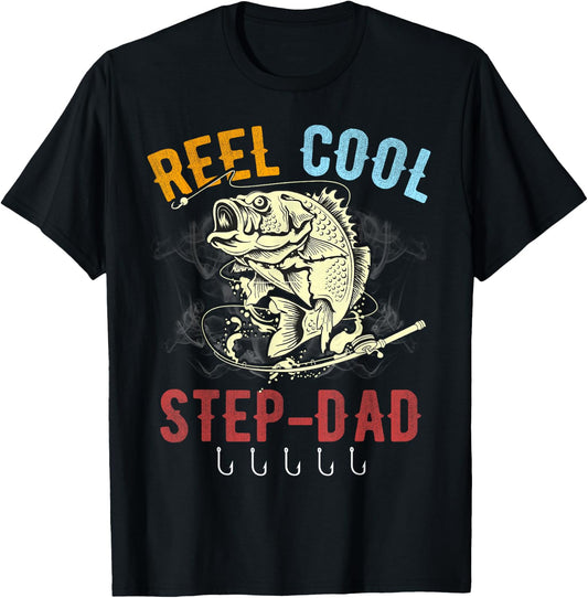 Funny Fathers Day Vintage Fishing Reel Cool Step-Dad T-Shirt - T-Shirt | Black