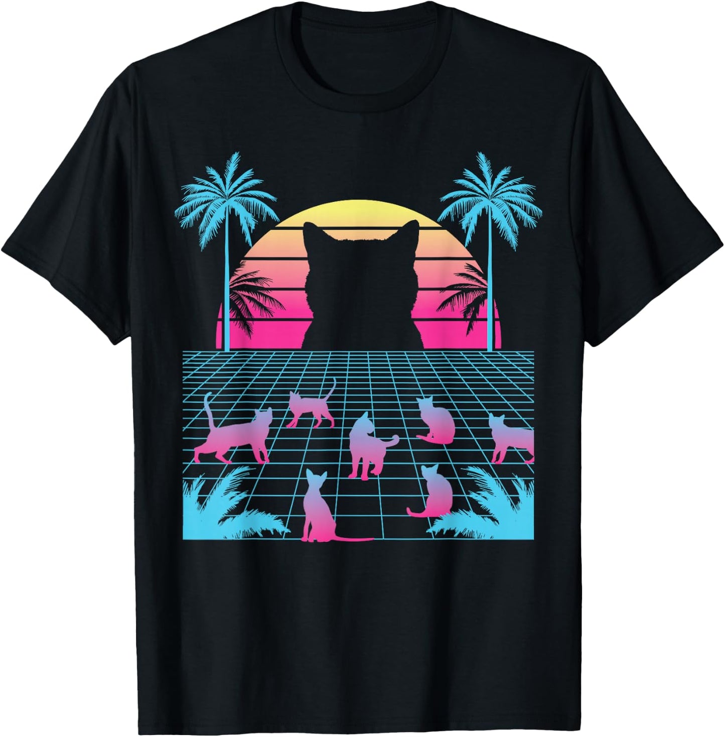 Vaporwave Cats - Retro Vintage Sunset - 80s 90s Japanese T-Shirt - T-Shirt | Black