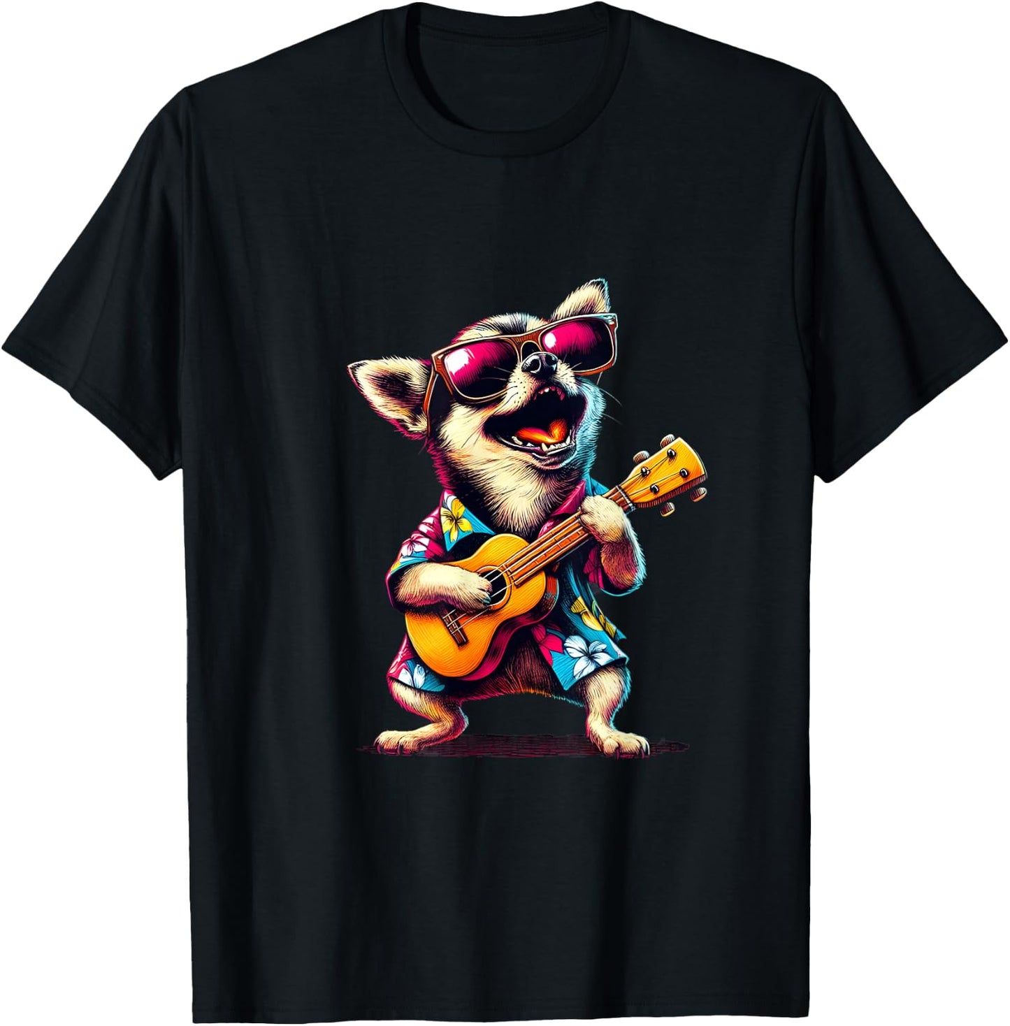 Chihuahua Wearing a Hawaiian Shirt, Playing a Ukulele T-Shirt - T-Shirt | Black