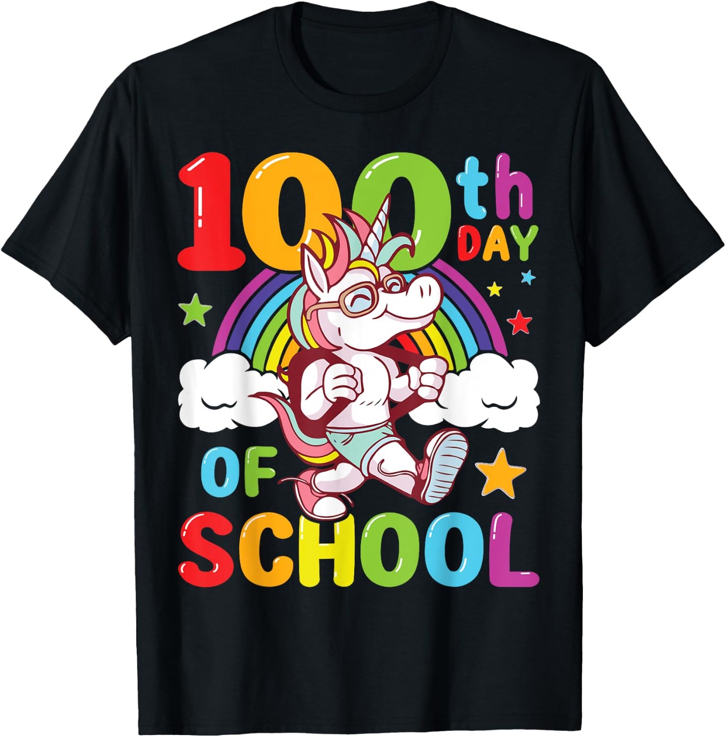 Happy 100th Day of School Unicorn Rainbow 100 Days of School T-Shirt - T-Shirt | Black