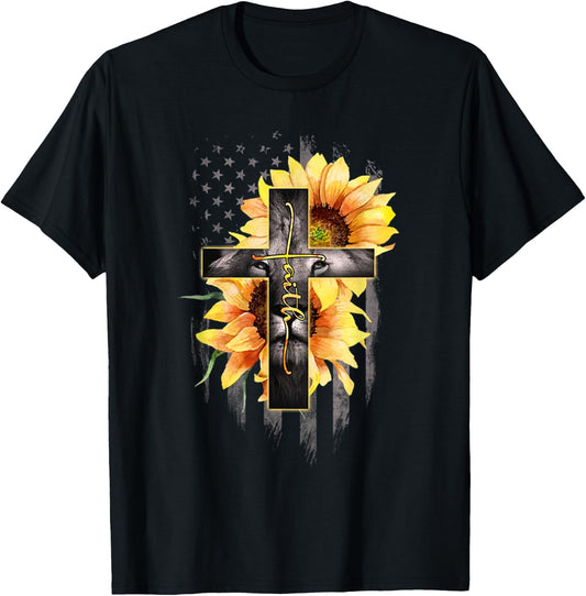 Faith Cross Christian Lion Sunflower American Flag T-Shirt - T-Shirt | Black