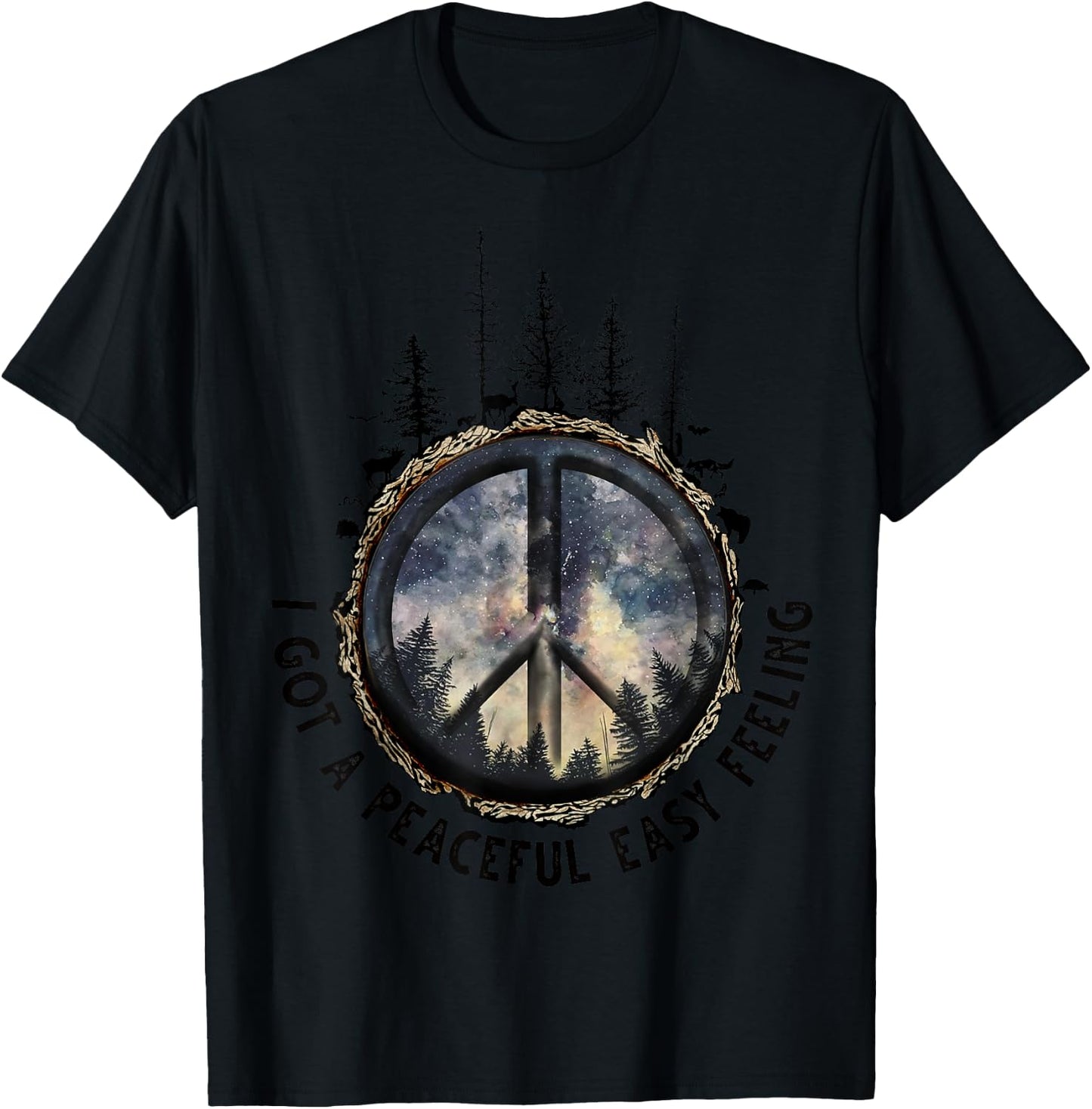 Hippie I Got An Easy Peaceful Feeling Forest Sky Peace Sign T-Shirt - T-Shirt | Black