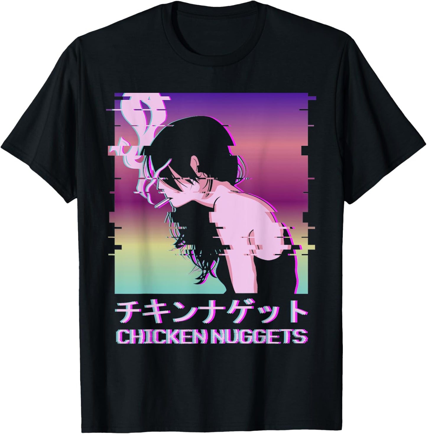 Chicken Nuggets Vaporwave Aesthetic Sad Smoking Anime Girl T-Shirt - T-Shirt | Black