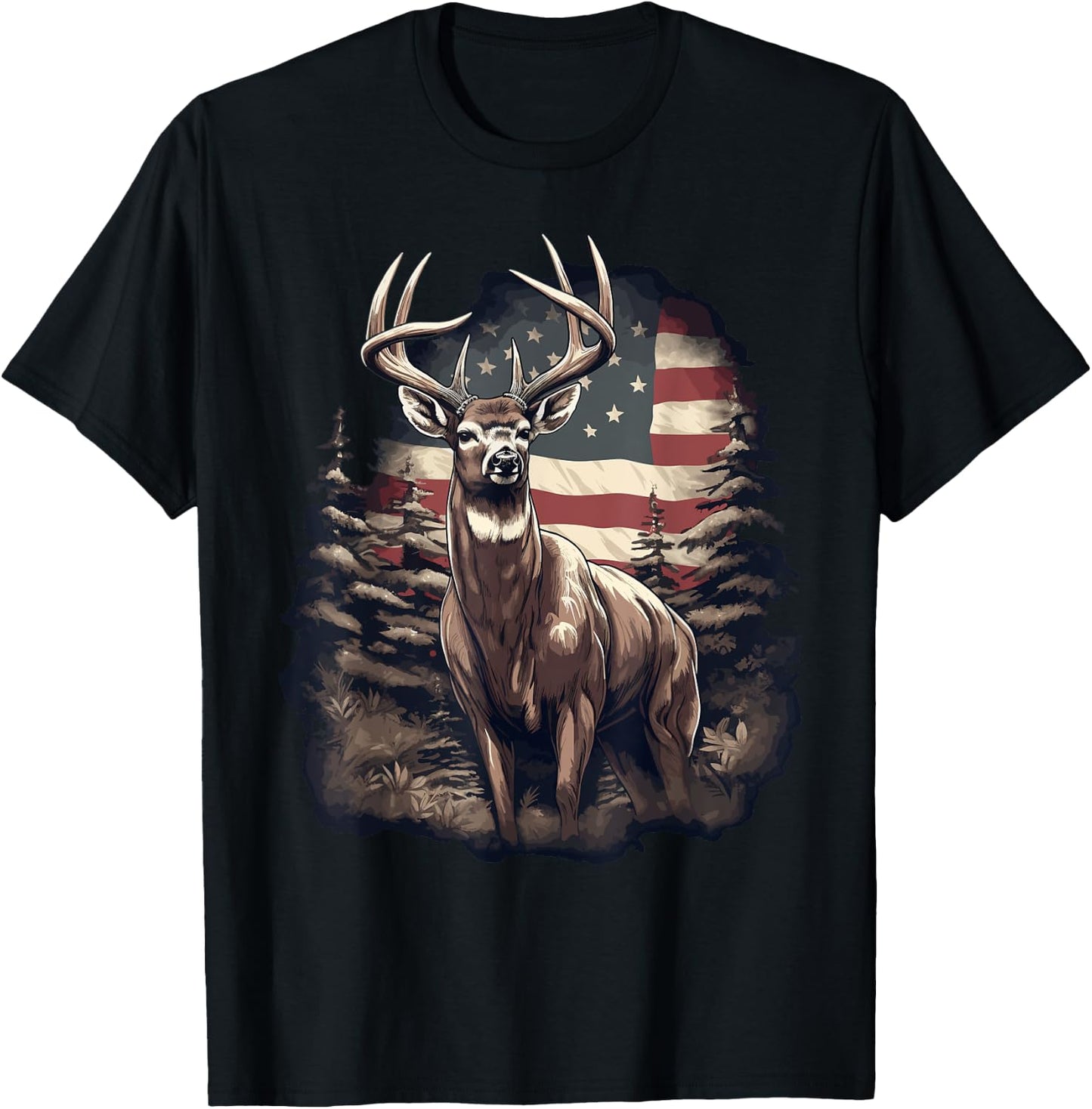 Whitetail Buck Deer Hunting US Flag Patriotic Hunter T-Shirt - T-Shirt | Black
