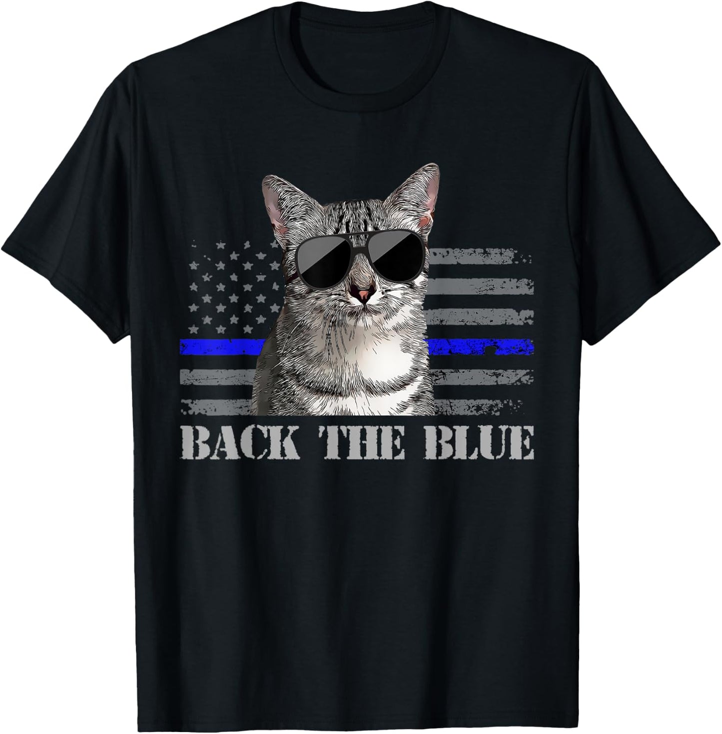 Back the Blue Police Cat Thin Blue Line American Flag Kids Men T-Shirt - T-Shirt | Black