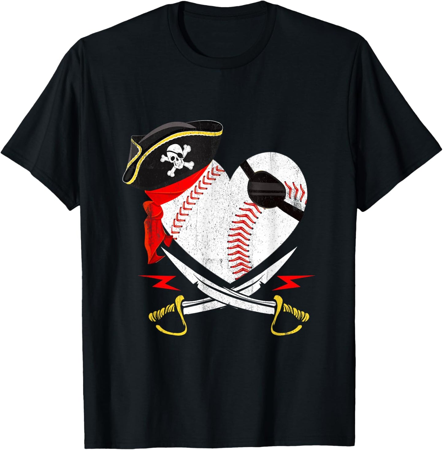 The Vintage Pirate Baseball Softball Heart With Skull Hat T-Shirt - T-Shirt | Black