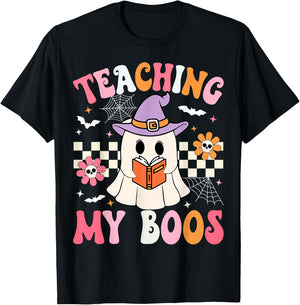 Groovy Teaching My Boos Teacher Ghost Halloween Teacher T-Shirt - T-Shirt | Black