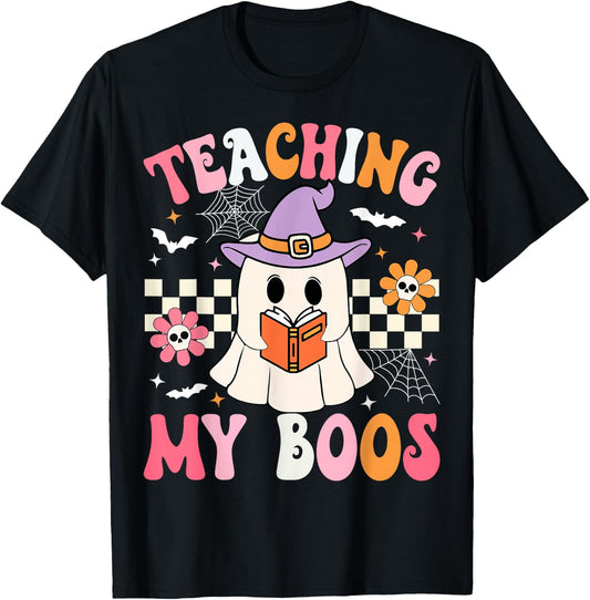 Groovy Teaching My Boos Teacher Ghost Halloween Teacher T-Shirt - T-Shirt | Black