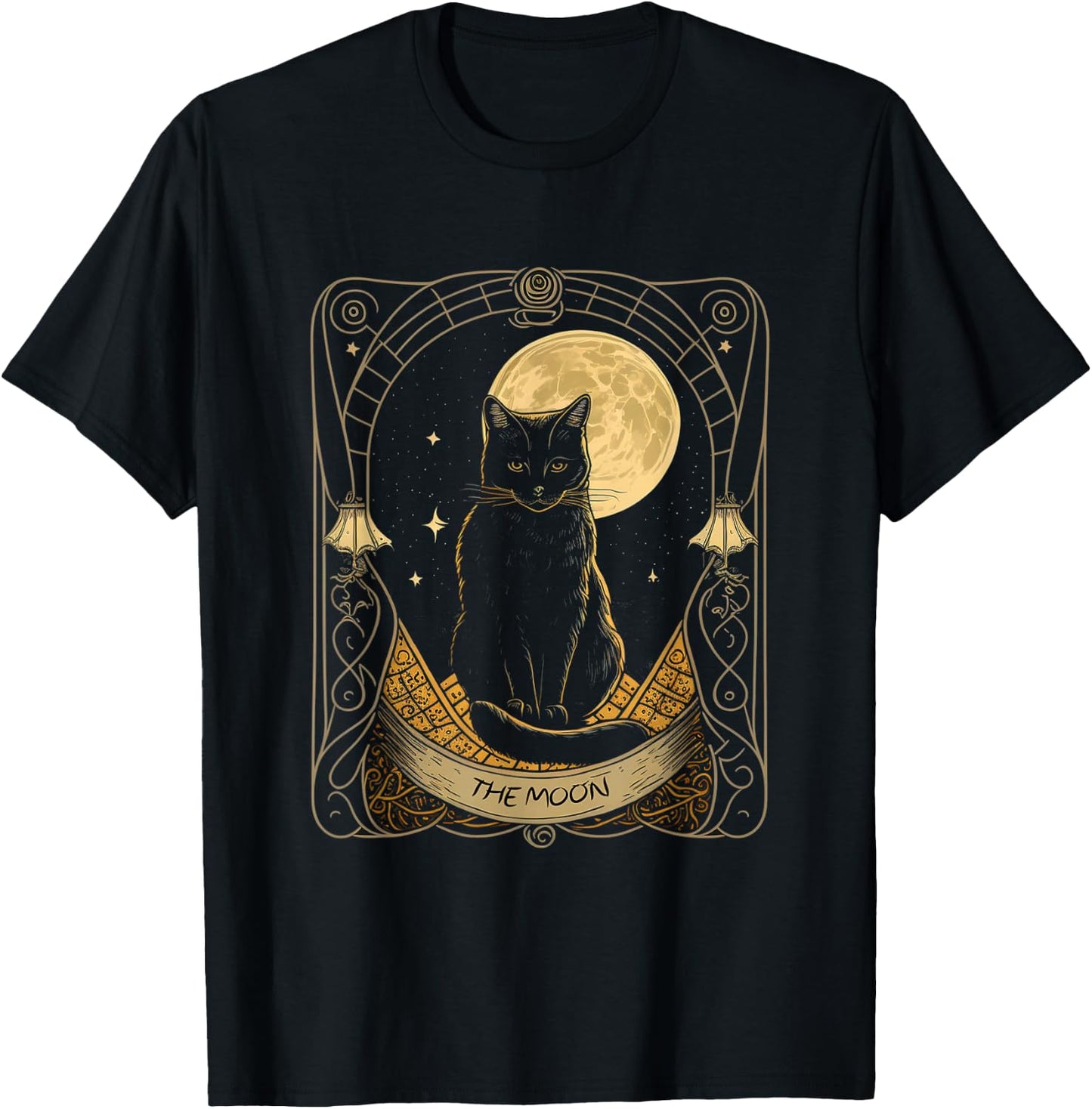 Tarot Card Crescent Moon And Cat Graphic T-Shirt - T-Shirt | Black