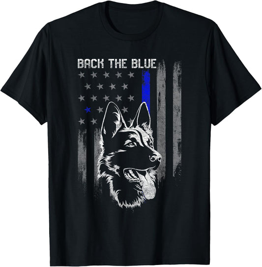 Back The Blue Thin Blue Line Flag German Shepherd Police T-Shirt - T-Shirt | Black